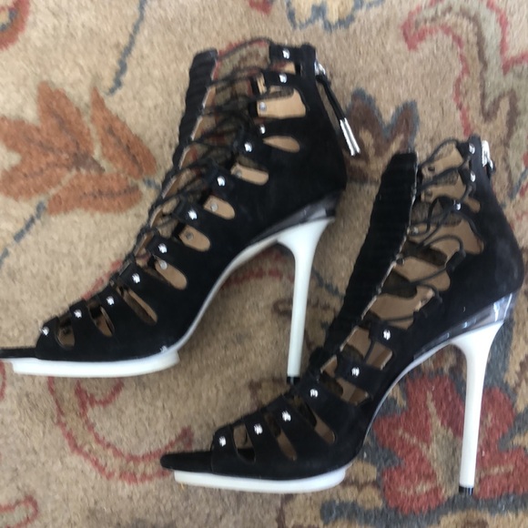 NWOT L.A.M.B. By Gwen Stefani black suede w elastic cords open toe pump sandal - Picture 5 of 12